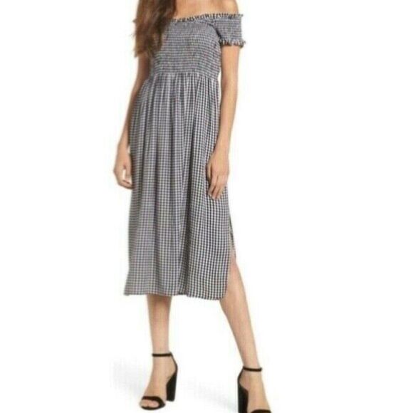 Bardot Dresses & Skirts - BARDOT Cottagecore Gingham Smocked Off the Shoulder Midi Dress Sz 8 (M)
